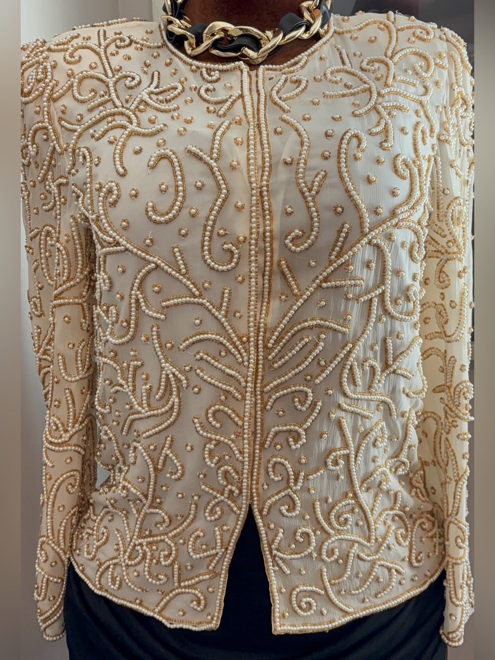 Vintage Laurence Kazar Cream Gold Sequin Jacket Size Large